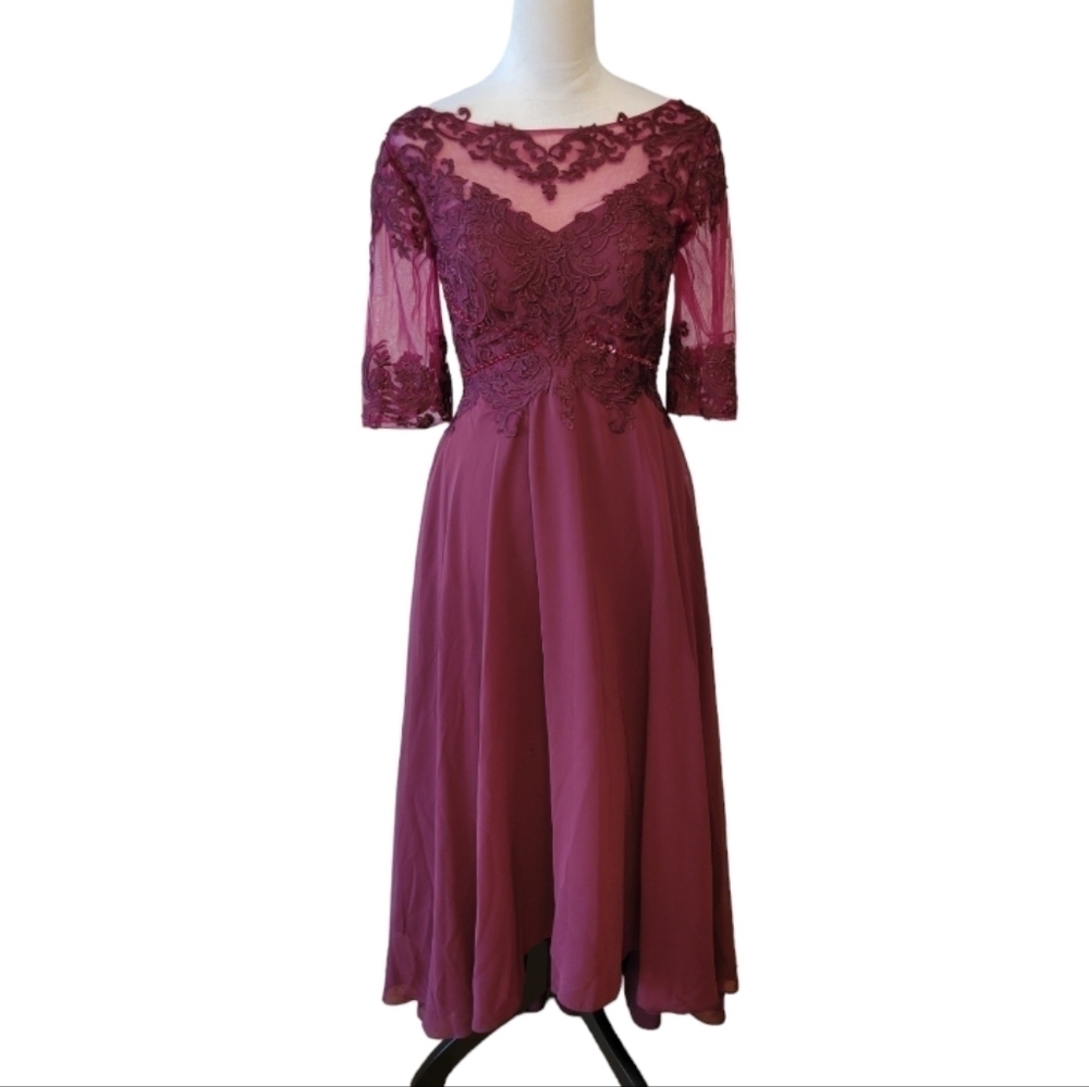 Custom‎ Made Wine Colored Lace and Chiffon Dress Size 8